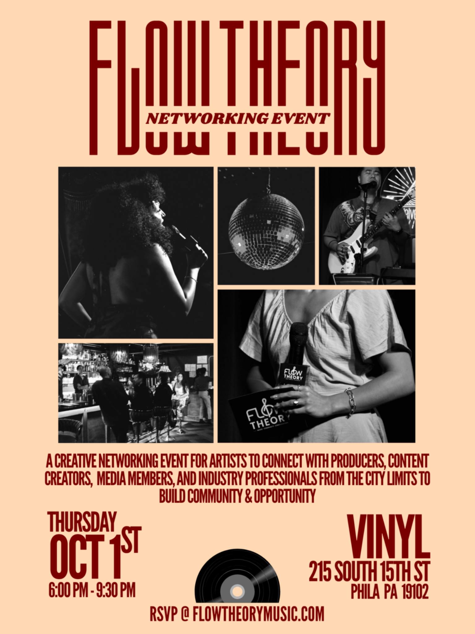 Flow Theory Networking Event flyer: a creative networking event for artists to connect with producers, content creators, media members, and industry professionals. Thursday, October 1 at VINYL, 215 South 15th St, Philadelphia PA 19102.